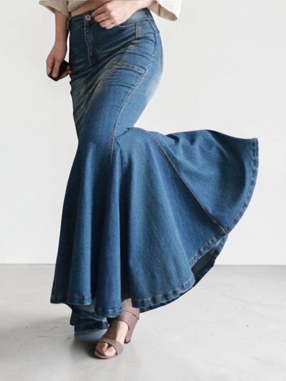 Vintage Y2k jeanology Denim Mermaid Maxi Skirt Long Panel Denim Fishtail Skirt